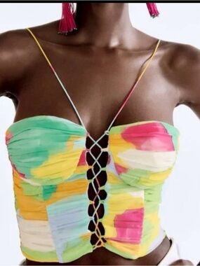 Zara Colorful Strappy Crop Tank Top Womens Small Vacation Beach Club Pool Resort